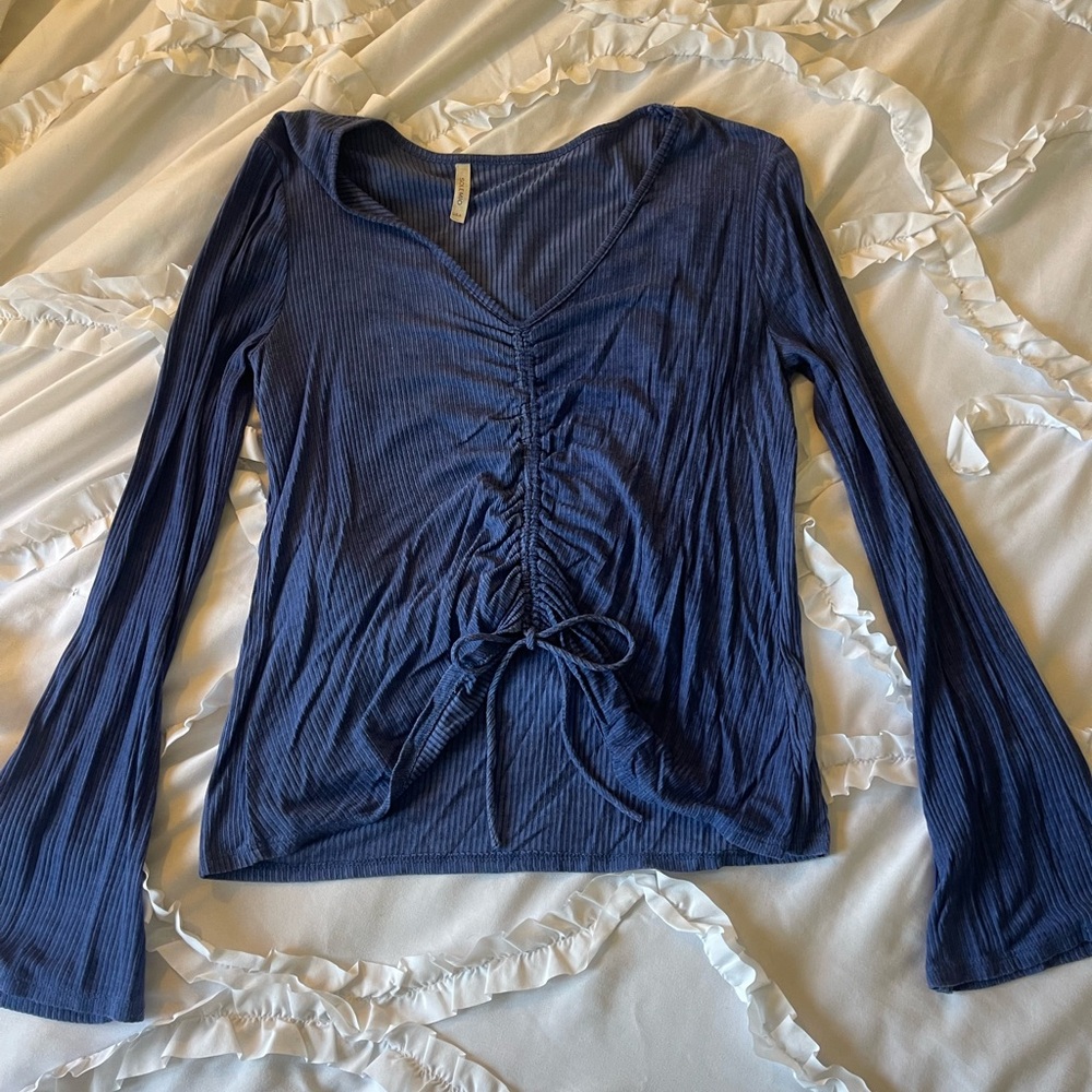 Women's Blue Ruched Long Sleeve Top